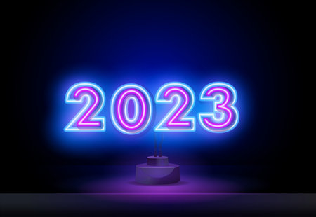 Happy new year 2023 in neon style. 2023 bright gradient. Long dark wall banner. Vector template for web headerのイラスト素材