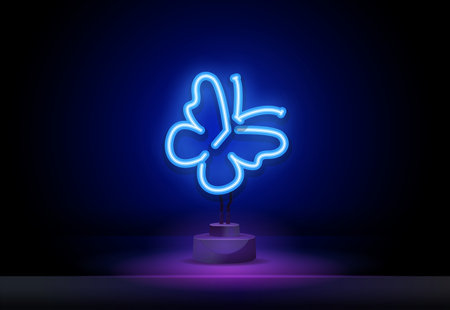 Butterfly with blue wings neon sign. Nature, summer and beauty concept design. Night bright neon sign, colorful billboard, light banner. Vector illustration in neon style.のイラスト素材