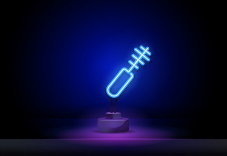 Eyelash mascara neon light icon. Lashes and eyebrows tinting. Lashes and brows makeup product. Glowing sign with alphabet, numbers and symbols. Vector isolated illustrationのイラスト素材