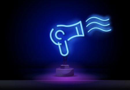 Hair dryer neon sign. Vector illustration for design. Beauty technique. Beauty salon concept. Womens hairstyle neon signのイラスト素材