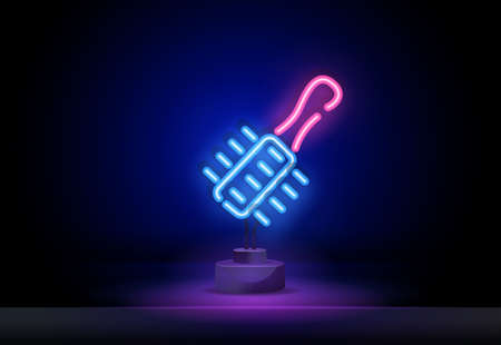 Hair dryer neon sign. Vector illustration for design. Beauty technique. Beauty salon concept. Womens hairstyle neon signのイラスト素材