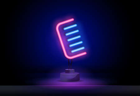 Glow Hairdressing Scrissors, Hairbrush and Sprayer, Professional Hairstyling Tool. Barbershop, Hairdresser Salon Template. Shiny Neon Light Poster, Flyer, Banner. Brick Wall. Vector 3d Illustrationのイラスト素材