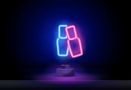 Nail Polish Neon Sign. Vector Illustration of Cosmetics Promotion. bright pink neon nail polish for manicure and pedicure with a long brush for applying material on a black background.のイラスト素材