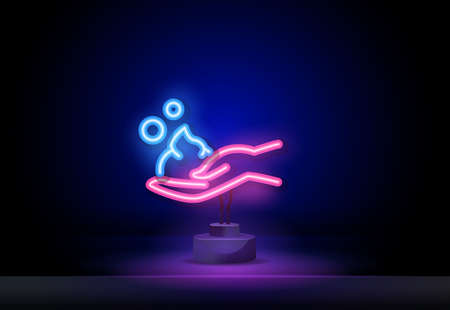 Neon cream in hand. Neon sign. Beauty center with cosmetic cream for logo, label, badge, sign, beauty and handmade products, tattoo studios.のイラスト素材