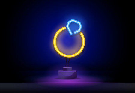 Outline neon jewelry ring icon. Glowing neon ring with diamond, jewel icon. Precious wedding ring with gemstone, luxury jewel, expensive gift. Vector icon set, symbol for UIのイラスト素材