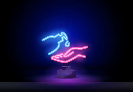 disinfectant bottle with spray in neon light. Antiseptic neon sign, modern glowing banner design, colorful modern design trend on black background. Vector illustration.のイラスト素材