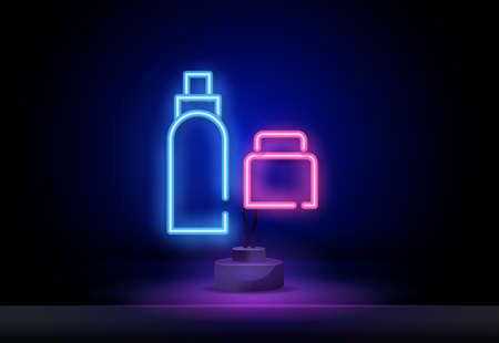 Shampoo bottle neon icon. Vector illustration for design, website, pet shop, veterinary clinic. Night bright colorful billboard, light banner. Vector illustration in neon style.のイラスト素材