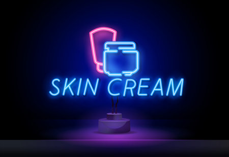 Neon text skin cream. Makeup, beauty, spa or skin care logo. Vector 10 EPS illustration. Element of design for cosmetic, health, girly or female concept.のイラスト素材