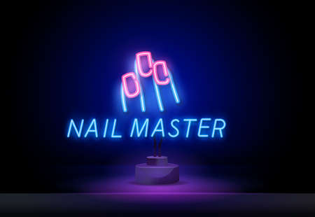 Neon Nail Master Typography Square Poster template neon sign, light banner, neon signboard. Vector lettering. Calligraphy phrase for gift cards, scrapbooking, beauty blogs. Typography art.のイラスト素材
