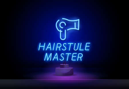 Hairstyle master neon sign. Hairdressing salon, style and fashion concept. Advertisement design. Night bright colorful billboard, light banner. Vector illustration in neon style.のイラスト素材
