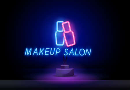 Neon text make-up salon. On top of the painted lips in neon style. Calligraphy phrase for lash makers logo, cards, prints, beauty blogs. template neon sign, light banner, neon signboardのイラスト素材