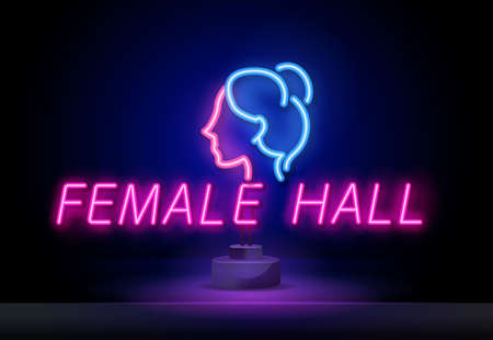 girls face in the neon style Sign for womens hall. Female silhouette neon light icon. Ladies WC door glowing sign. Womens clothes department store. Vector isolated illustrationのイラスト素材