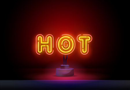 Hot text neon sign. Glowing neon bar sign. Shopping, sale, discount. Hot sale concept. Vector illustration in neon style for shop advertisement and flyersのイラスト素材