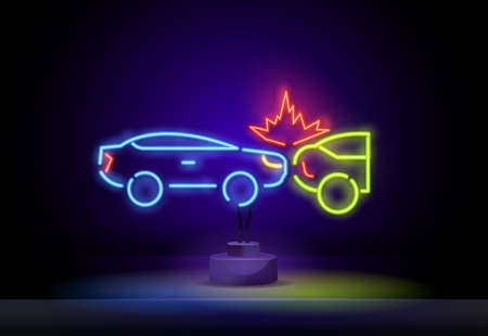 collision of two cars neon light sign vector. Glowing bright icon collision of two cars sign. Broken car neon sign.のイラスト素材