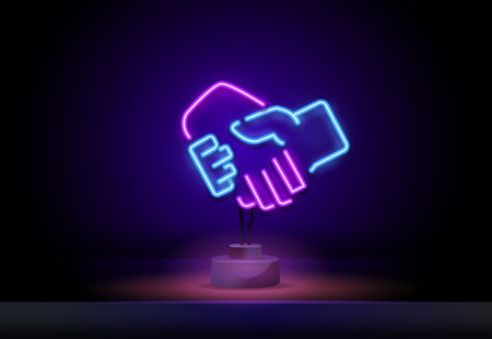 Handshake neon sign. Agreement design. Night bright neon sign, colorful billboard, light banner. Vector illustration in neon style.のイラスト素材