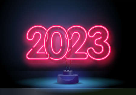 2023. Neon number isolated on black background. New Year. Holidays. Design element. Background.のイラスト素材