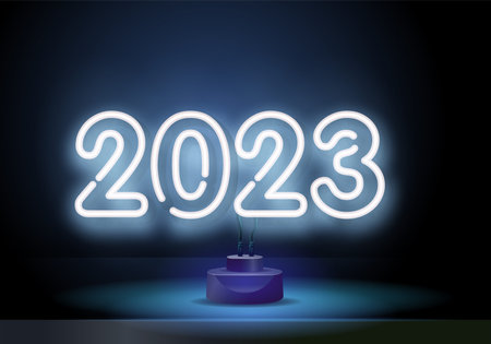 White 2023. Neon number isolated on black background. New Year. Holidays. Design element. Background.のイラスト素材