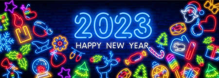 glowing blue neon light 2023 character on old masonry wall at the night. new year concept on 3d render image.のイラスト素材