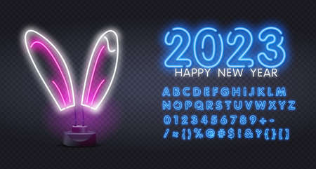 2023 with rabbit neon 3d render ,year of the rabbit for product display presentationVector illustration of a rabbit with the inscription 2023.のイラスト素材