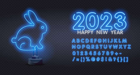 2023 blue neon sign rabbit on black backgroundのイラスト素材