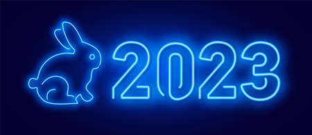 Happy new year 2023 in neon style. 2023 bright gradient. Long brick wall banner. Vector template for web headerのイラスト素材