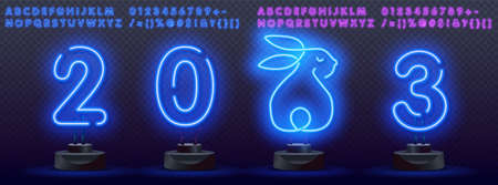 Happy new year 2023 in neon style. Set of bunny in simple one line style. Bunny icon on a color spot. 2023 year of the rabbit in neon style. Christmas vector illustration.のイラスト素材