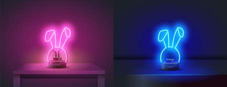 Neon rabbit or neon hare. Vector illustration of a rabbit with the inscription 2023. Happy New Year 2023 Neon Signs Style Text Vectorのイラスト素材