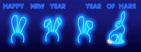 2023 Outline neon lunar rabbit icon. Glowing neon cute bunny silhouette, Easter hare pictogram. Baby rabbit, festive bunny, funny hare for holiday, Mid Autumn festival and New Year.のイラスト素材