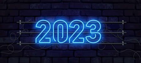 Year 2023 - simple greeting card, invitation, flyer, poster or design with neon triangles. Hitech communication concept innovation background. Blue neon colored 2023 year on black backgroundのイラスト素材