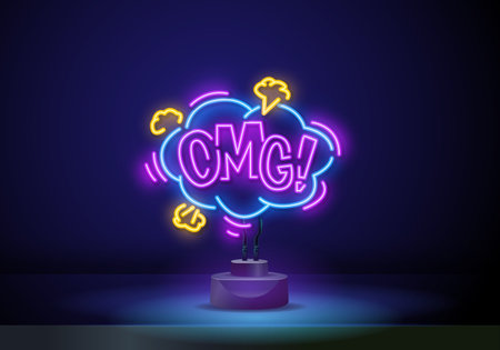OMG neon sign vector. OMG pop art Design template neon sign, light banner, neon signboard, nightly bright advertising, light inscription. Vector illustrationのイラスト素材