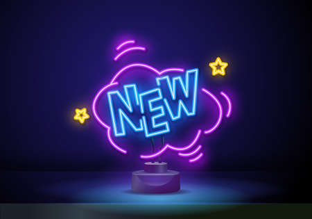 New shiny emblem. Comic speech bubble neon sign. Pop art design. Glowing effect poster. Emotion concept on brick wall. Editable stroke. Vector illustrationのイラスト素材