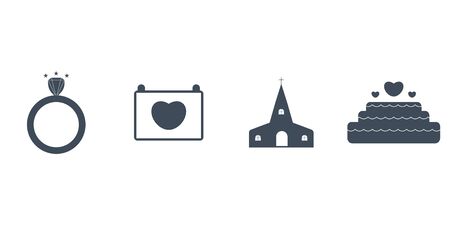 Vector set of icons with wedding symbols - wedding ring, calendar, church, cake.のイラスト素材
