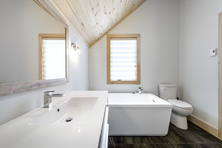 Interior of a new house, white bathtub and wooden wallの写真素材