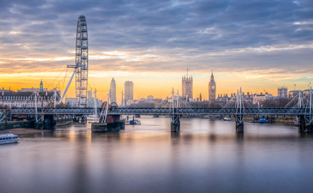 London skyline toward embakment bridge and big ben, as seen from waterloo bridge at sunriseのeditorial素材