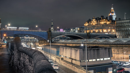 Edinburgh, UK - November 14, 2016: Edinburgh skyline as seen from old town near the train station...