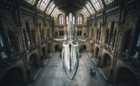 London, UK - July 25, 2017: The blue whale skeleton decorating the new Hintze hall in the Natural History Museumのeditorial素材