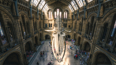 London, UK - July 25, 2017: People visiting the new Hintze hall in the Natural History Museum featuring a blue whale skeletonのeditorial素材