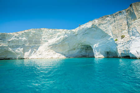 Rock formations and sea caves at Kleftiko shoreline in Milos, Greeceのeditorial素材