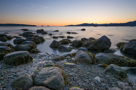 Sunset from Kitsilano promenade, Vancouver Canadaの写真素材