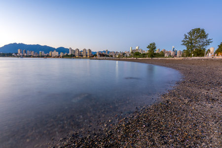 Vancouver skyline at blue hour  as seen from Kitsilano beachの写真素材