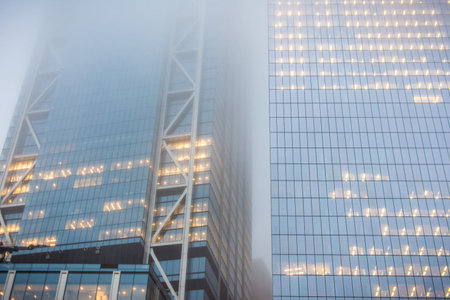 new York, US - March 29, 2018:  Skyscrapers seen through heavy fog in New York city