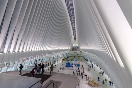 New York, US - March 29, 2018:  The famous Westfield shopping mall at world trade center in New York...