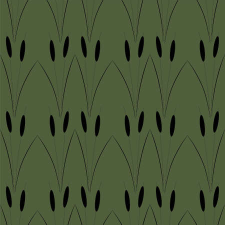 Seamless ornament with black reeds on a green backgroundのイラスト素材
