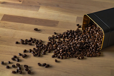 Close-up of roasted coffee beans on wooden backgroundの写真素材