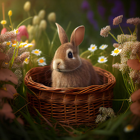 Rabbit sitting in the basket on spring meadow. Generative AIの素材