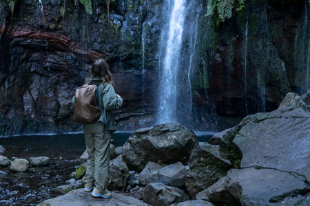 Majestic Beauty of waterfall. Lagoa das 25 Fontes, Madeira, Portugalの写真素材