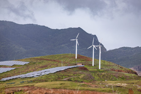 Majestic Wind Farm Harnessing Green Energy on Madeira, Portugalの写真素材