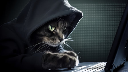 Illustration of Cat hacker with laptop. Generative aiの素材