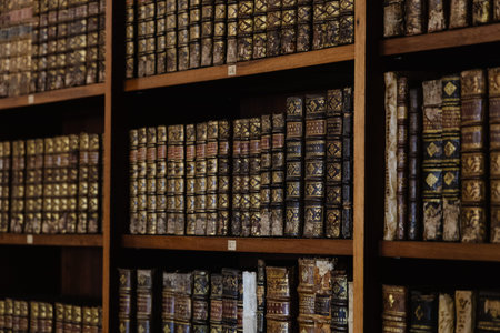 Vintage Leather-Bound Books on Wooden Shelves in Historic Library Scene