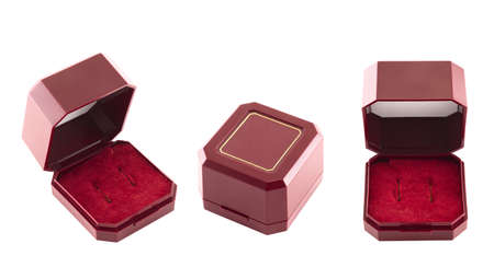 Jewelry red velvet gift box in different foreshortenings isolated over white backgroundの写真素材